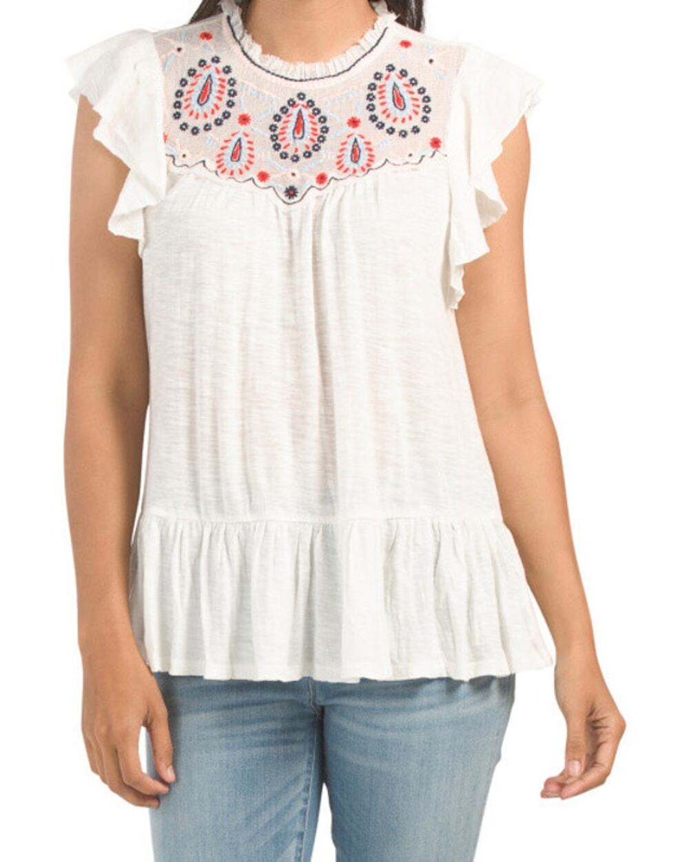 Lucky Brand White Floral Embroidered Ruffled Short Sleeve Peplum Blouse Size XS